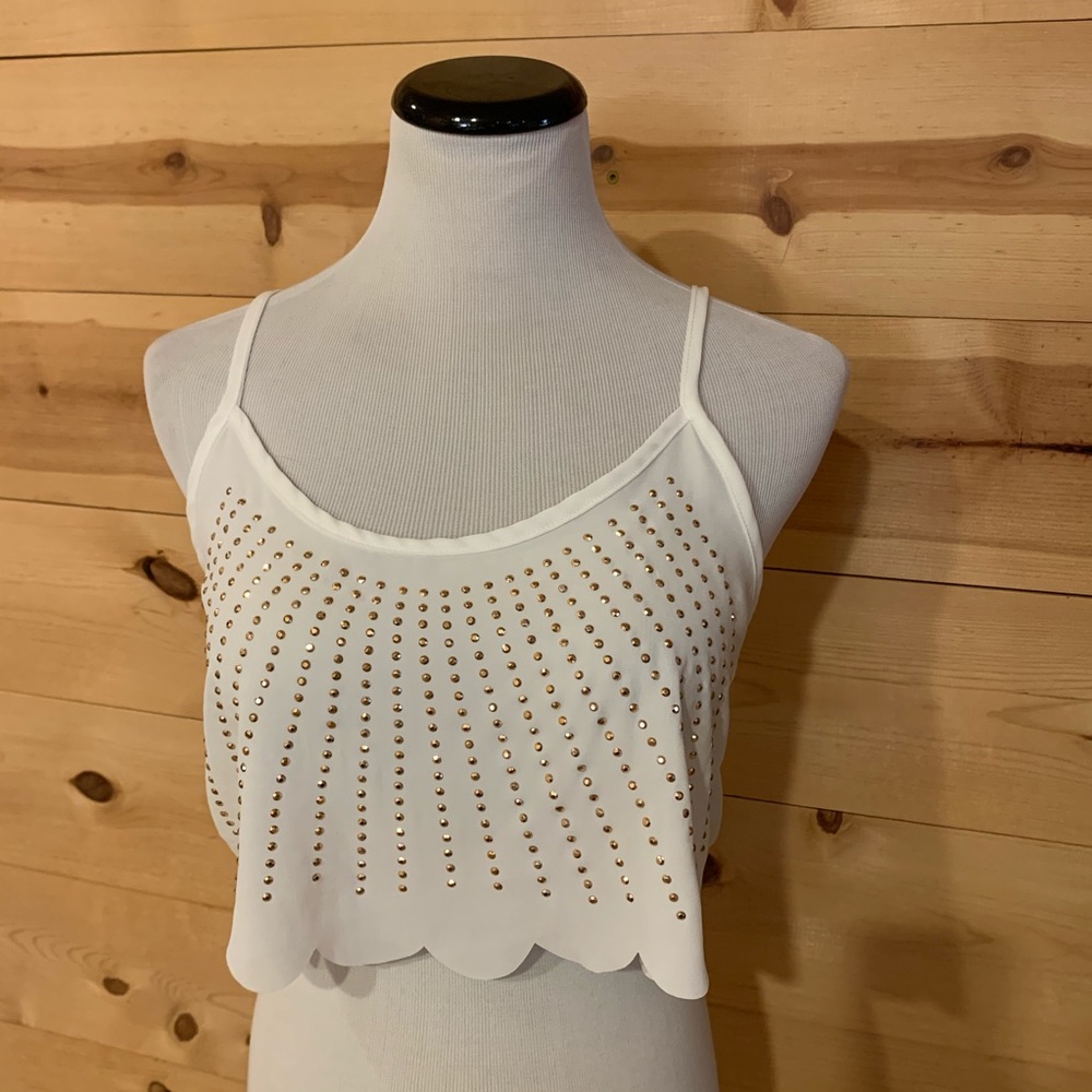 Sexy White crop top with rose gold accents.